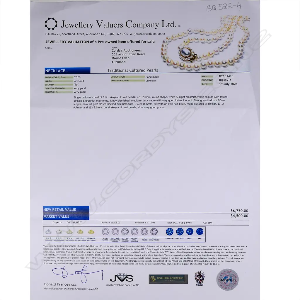 A single uniform long strand of Akoya cultured pearls with 9ct gold clasp Image 1++