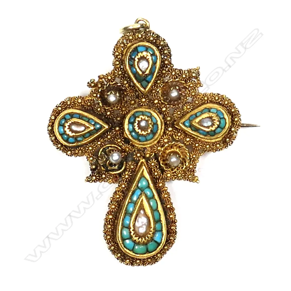 A 19thC, 22ct gold cross pendant brooch, Image 1++