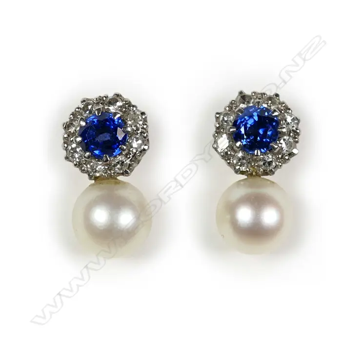A pair of 18ct white gold sapphire diamond and pearl earrings Image 1++