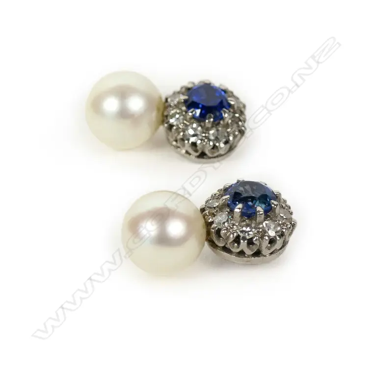 A pair of 18ct white gold sapphire diamond and pearl earrings Image 1++