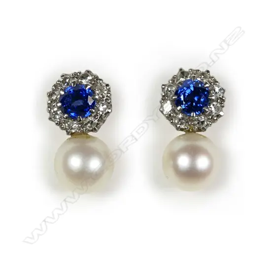 A pair of 18ct white gold sapphire diamond and pearl earrings