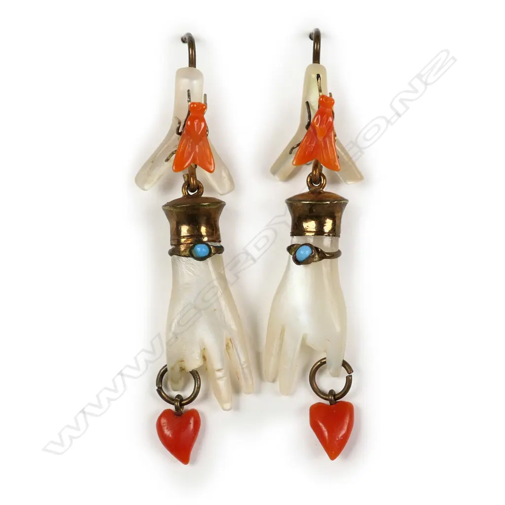 A pair of Victorian coral and mother-of-pearl earrings Image 1++