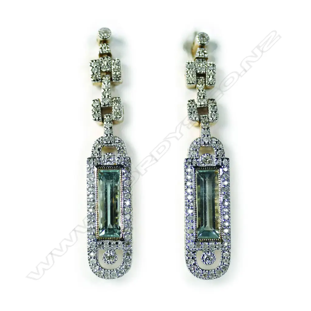 A pair of 14ct gold aquamarine and diamond drop earrings Image 1++