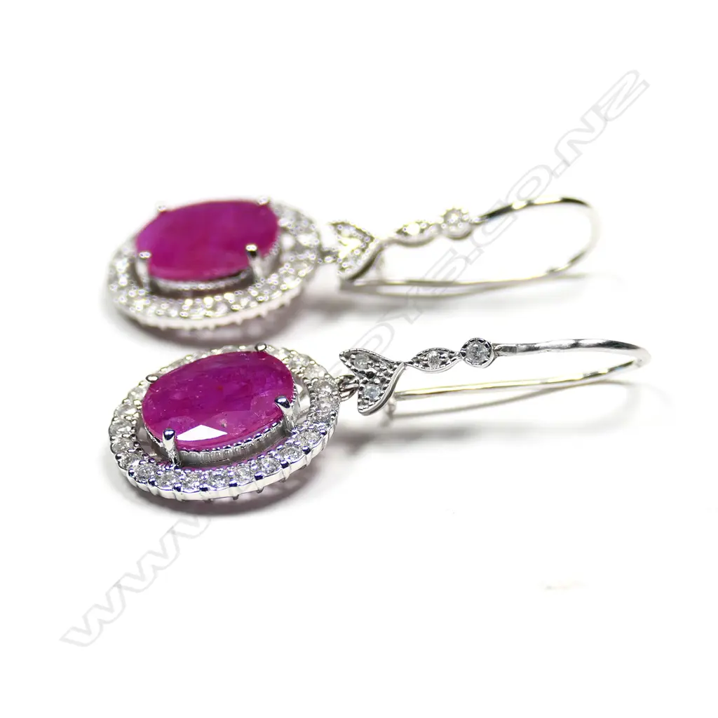 A pair of 14ct white gold ruby and diamond antique style drop earrings Image 1++