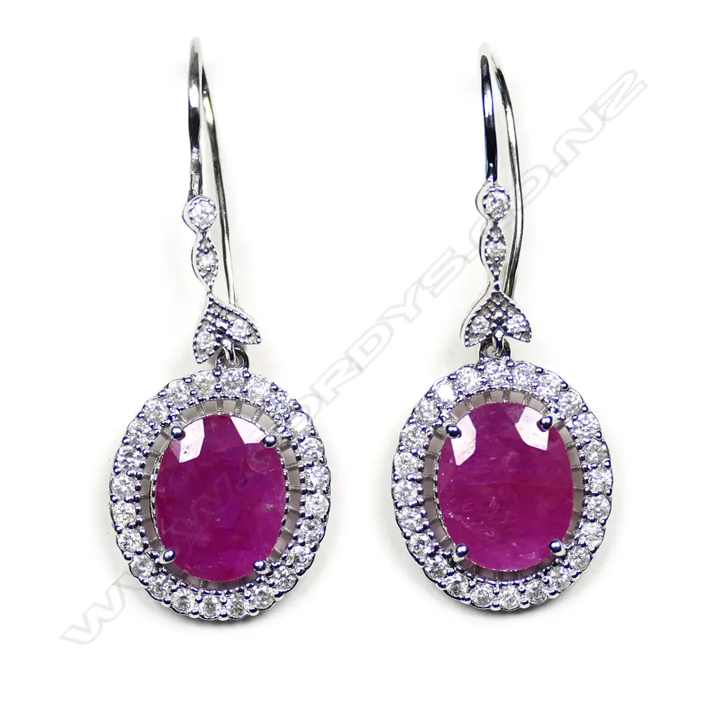 A pair of 14ct white gold ruby and diamond antique style drop earrings Image 1++