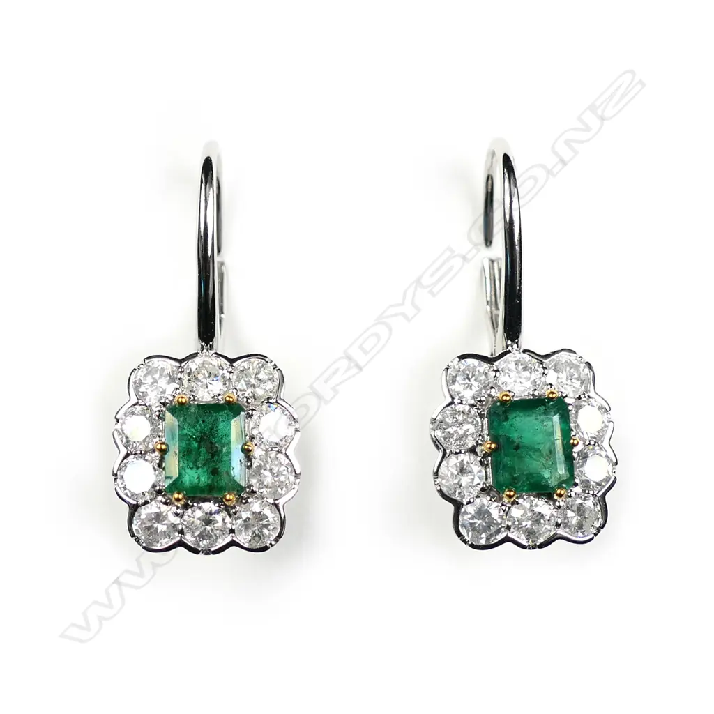 A pair of 14ct white gold emerald and diamond antique style earrings Image 1++
