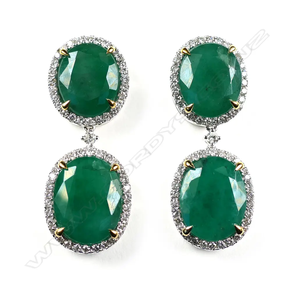A pair of 14ct white gold Zambian emerald and diamond double drop earrings Image 1++