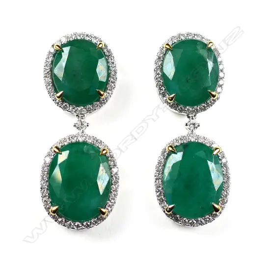 A pair of 14ct white gold Zambian emerald and diamond double drop earrings