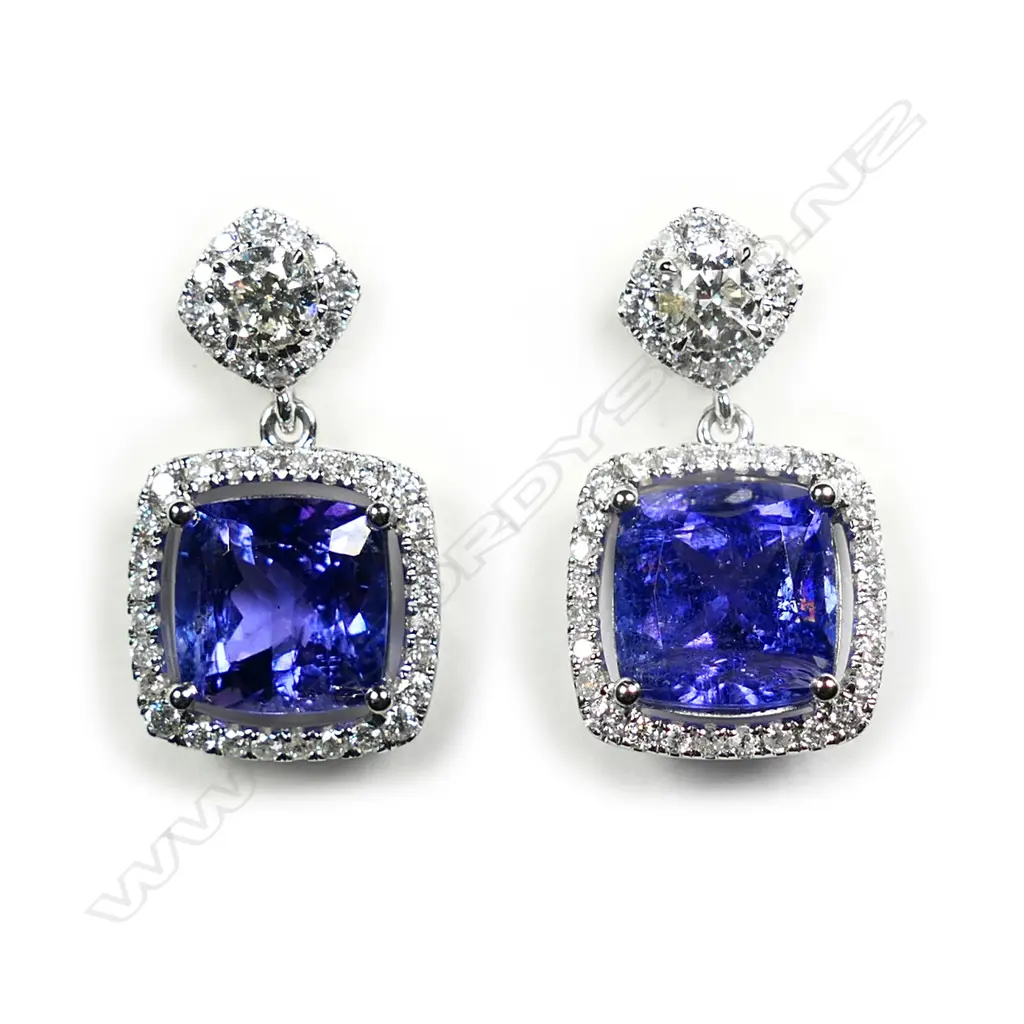 A pair of 14ct white gold tanzanite and diamond antique style drop earrings Image 1++