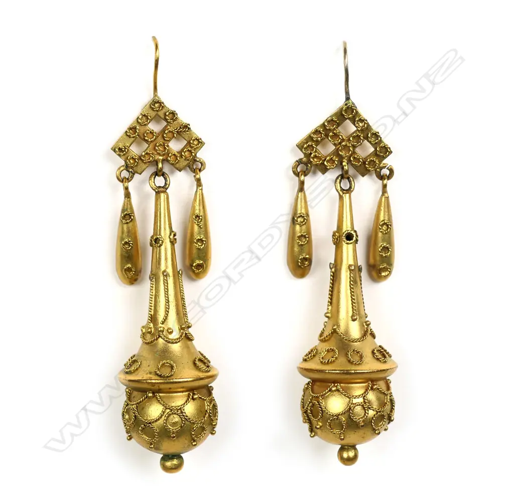 A pair of impressive 19thC gilded gold drop earrings Image 1++