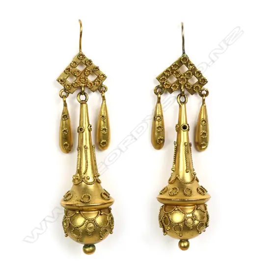 A pair of impressive 19thC gilded gold drop earrings