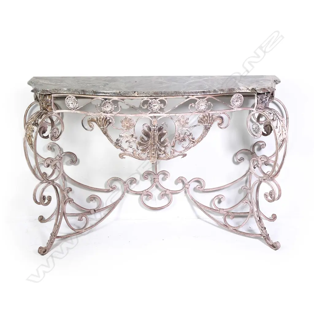 A French marble top wrought iron console table Image 1++