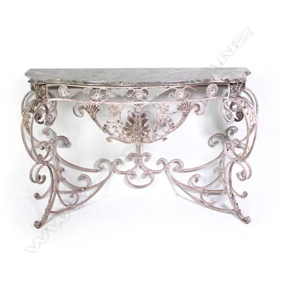 A French marble top wrought iron console table