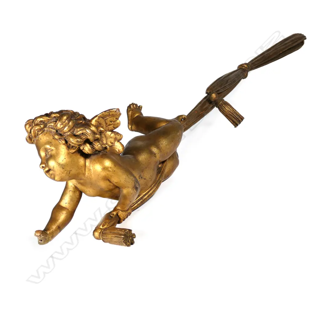 An antique carved giltwood hanging cherub light fitting Image 1++