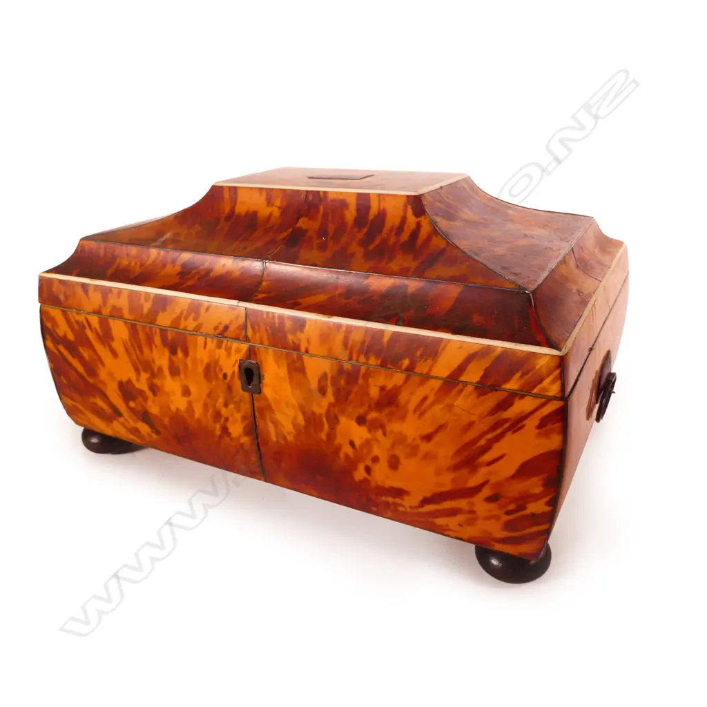 A Regency tortoiseshell sarcophagus sewing box Image 1++