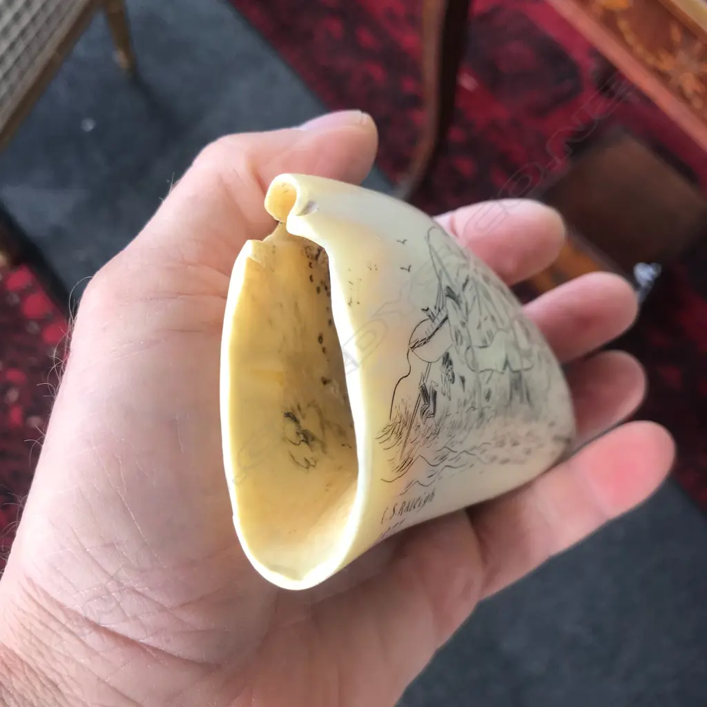 A 20thC scrimshaw whales tooth signed ‘C.S. Raleigh’ Image 1++