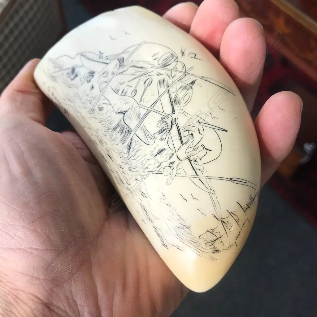 A 20thC scrimshaw whales tooth signed ‘C.S. Raleigh’ Image 1++