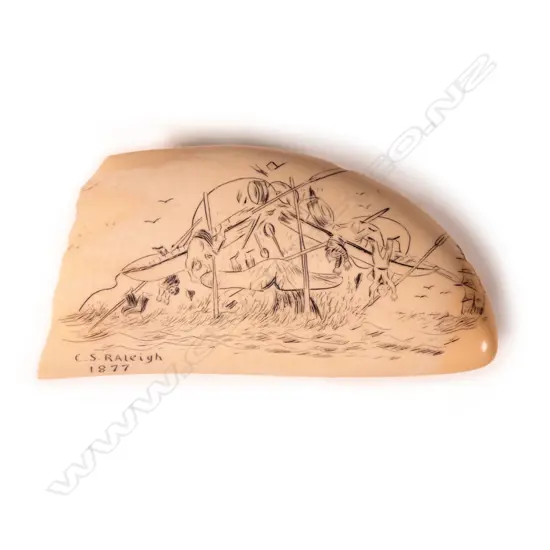 A 20thC scrimshaw whales tooth signed ‘C.S. Raleigh’