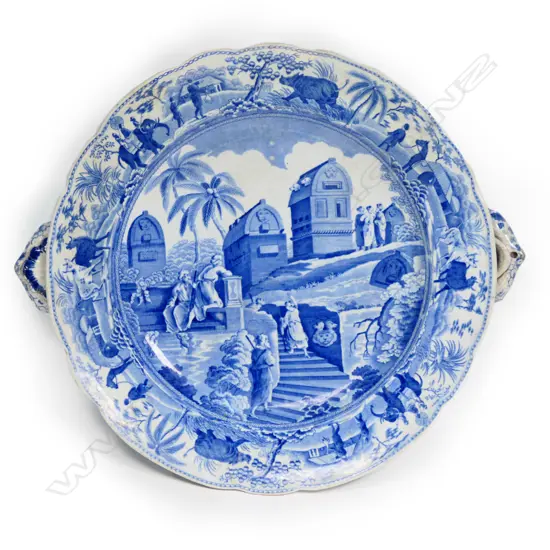 A Victorian Spode blue and white two handled warming plate