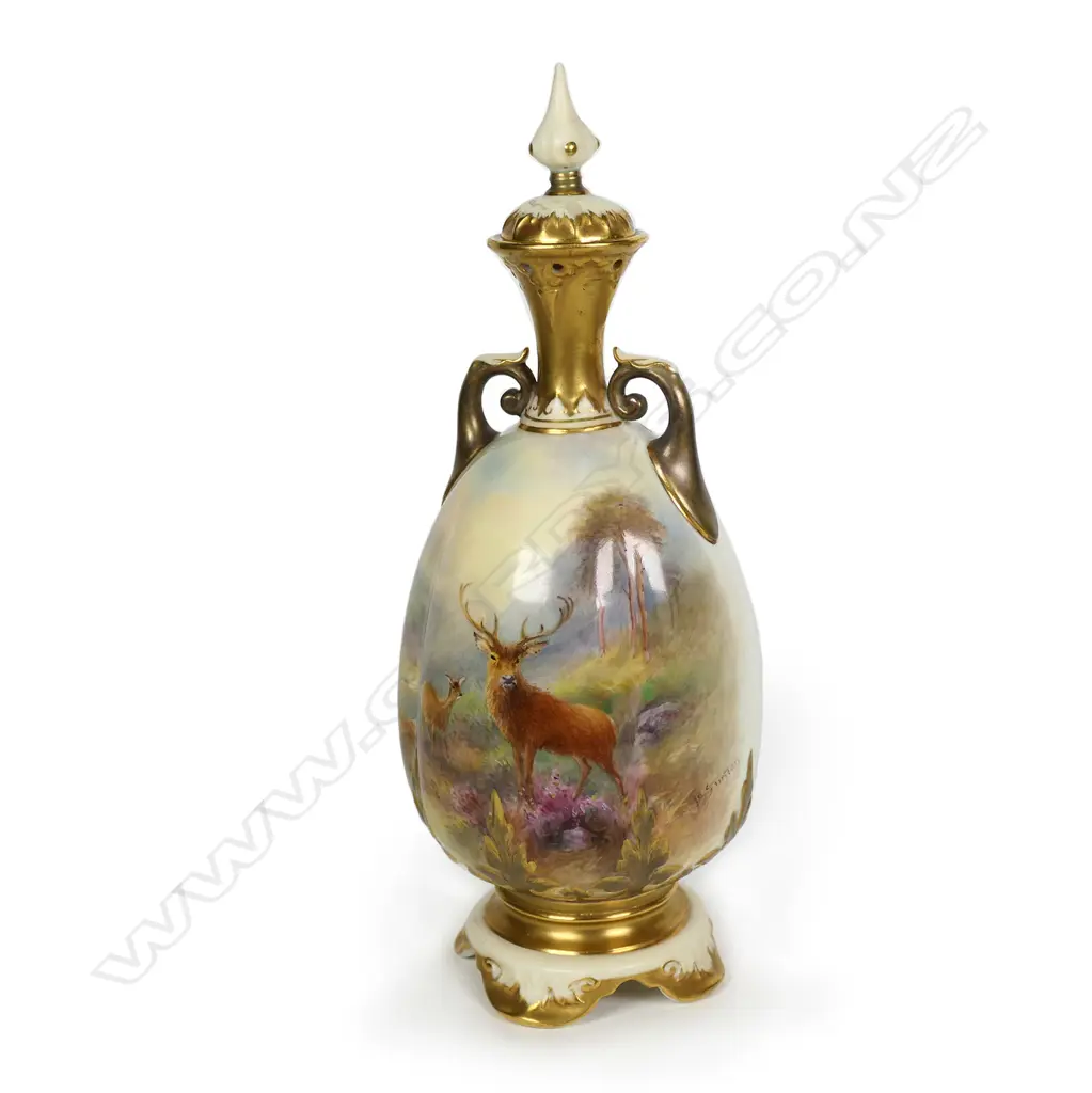 A Royal Worcester lidded two handled specimen vase painted by James Stinton Image 1++