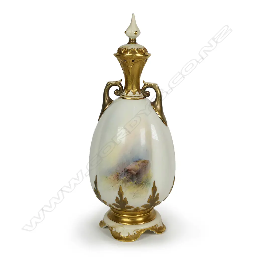 A Royal Worcester lidded two handled specimen vase painted by James Stinton Image 1++