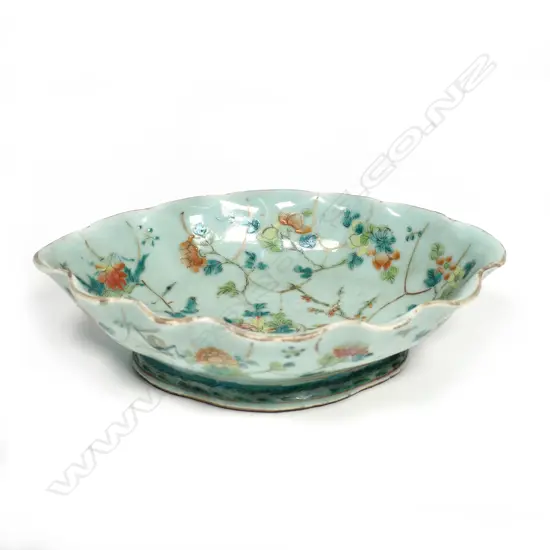 An old Chinese oval scalloped famille rose bowl