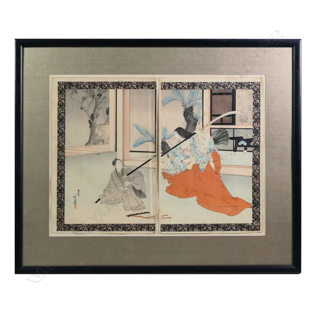 Japanese diptych ukiyo-e woodblock by Migita Toshihide Image 1++