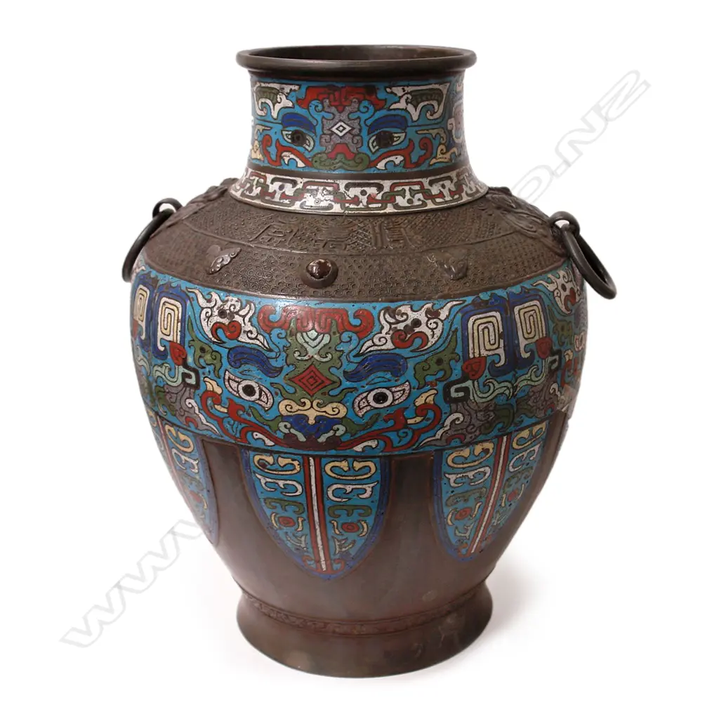 A large 19thC Japanese bronze and champlevé enamel vase Image 1++