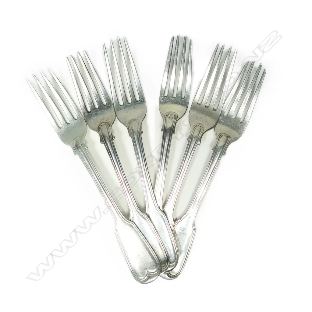 A mixed set of six c.1840 silver table forks Image 1++