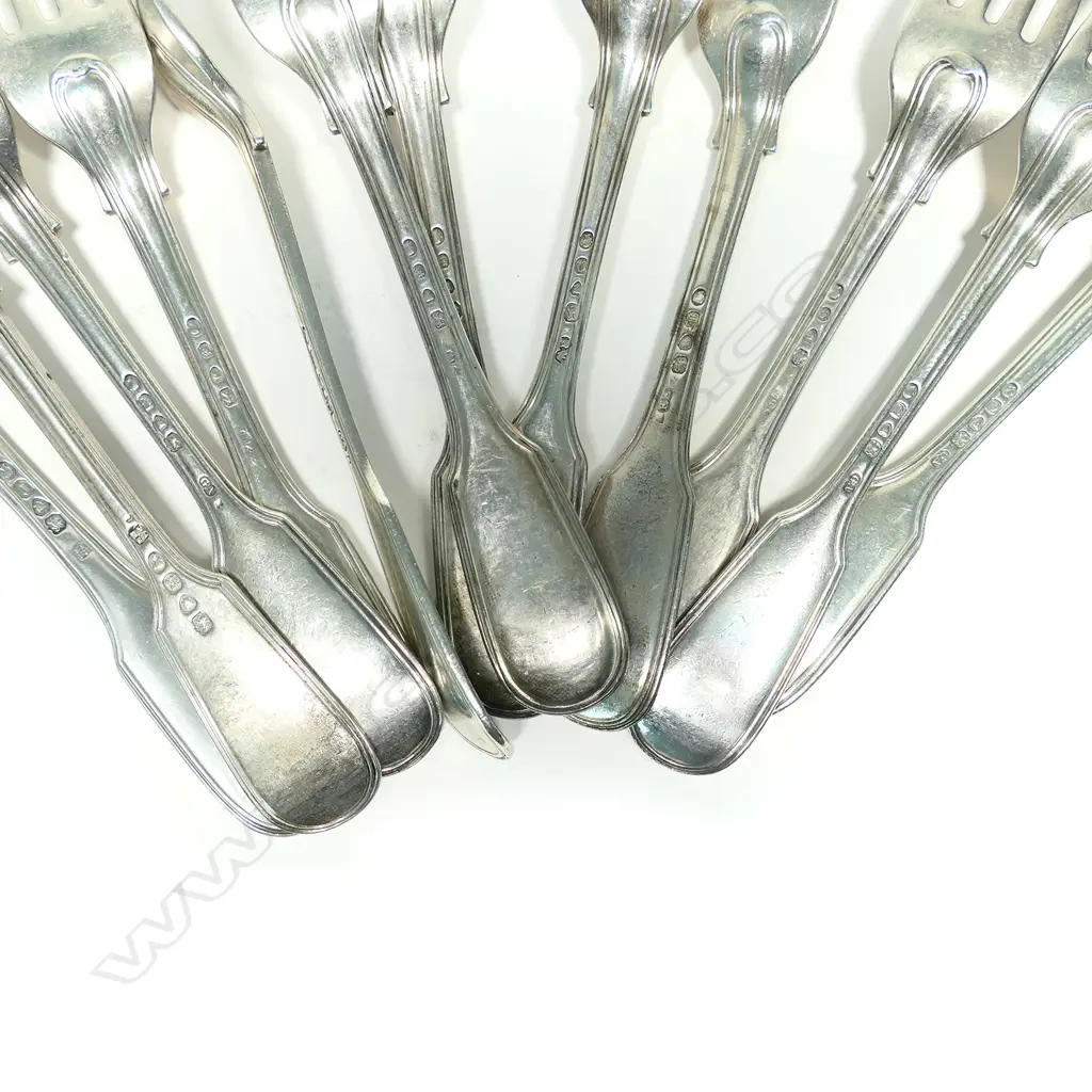 A mixed set of 12 c.1840 silver table forks Image 1++