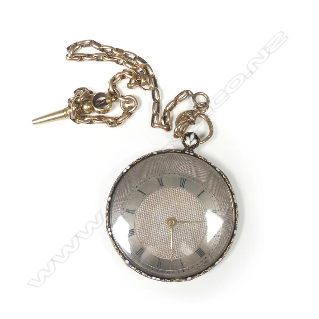 A 19thC 18ct yellow gold and enamel pocket watch on 14ct gold chain with key Image 1++