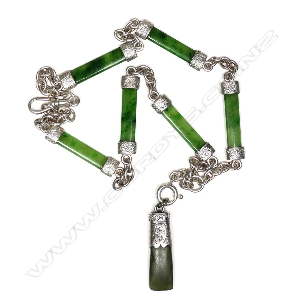 A colonial style silver and nephrite Albert chain necklace Image 1++