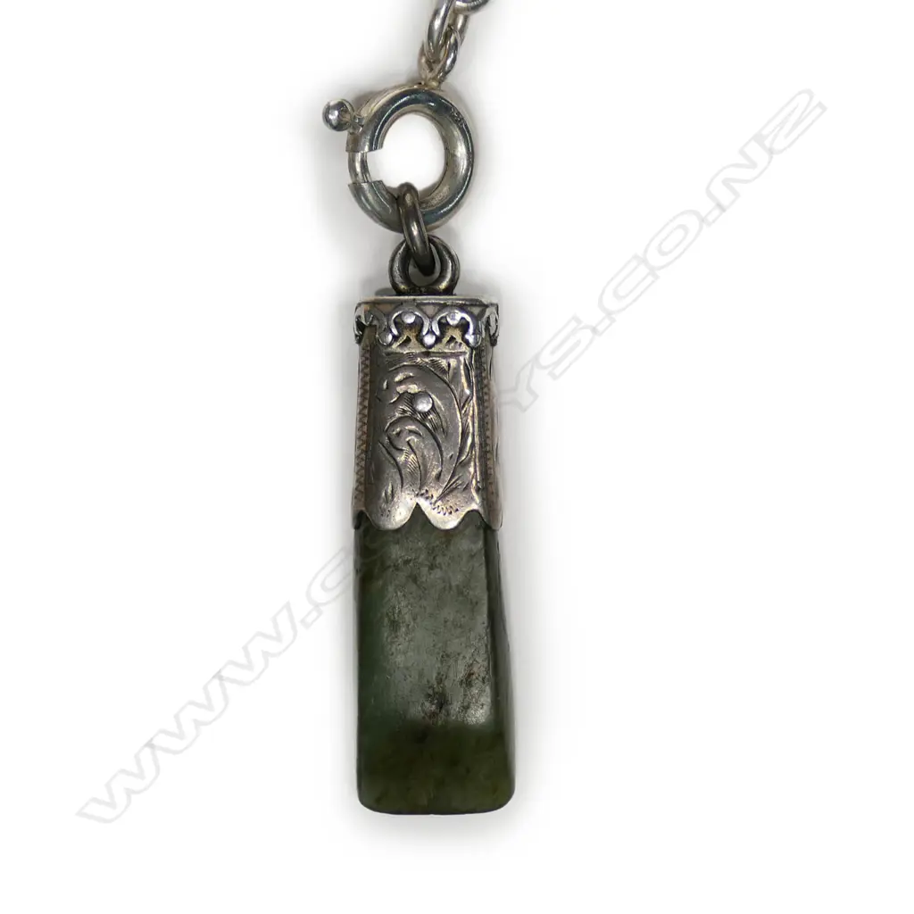 A colonial style silver and nephrite Albert chain necklace Image 1++