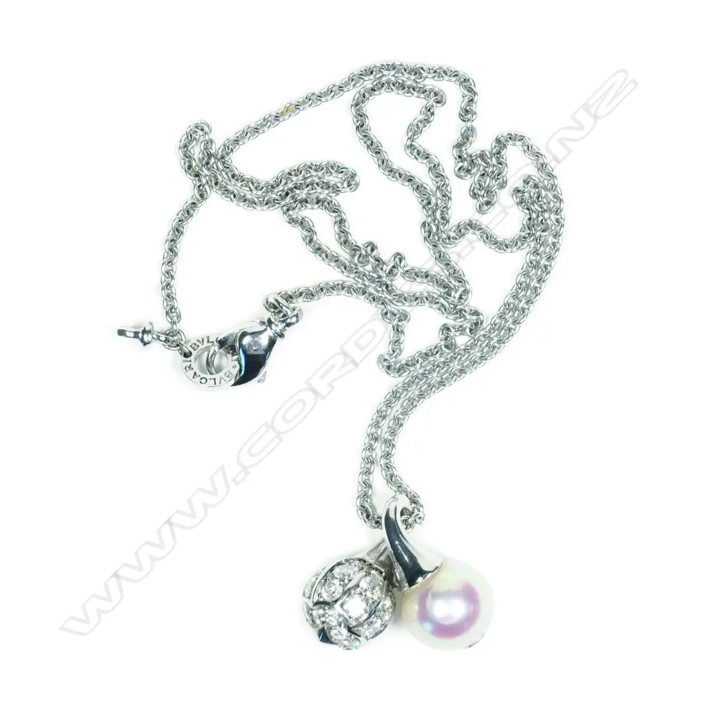 A Bvlgari 18ct white gold diamond and pearl pendant necklace Image 1++