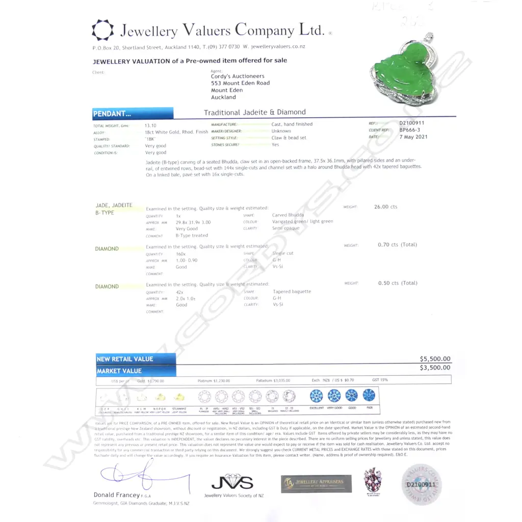 An impressive 18ct white gold jadeite and diamond Buddha pendant Image 1++