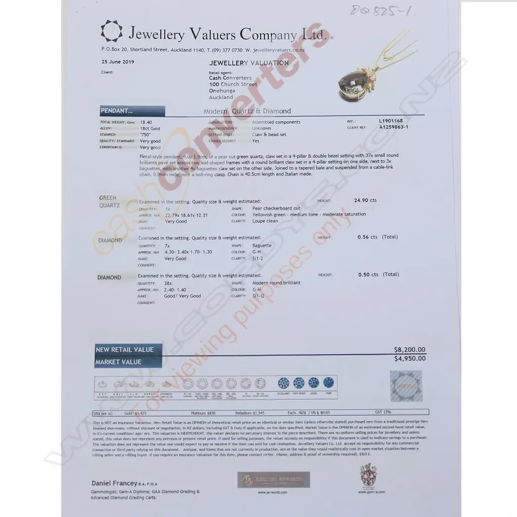 An 18ct yellow gold green quartz and diamond pendant on chain Image 1++