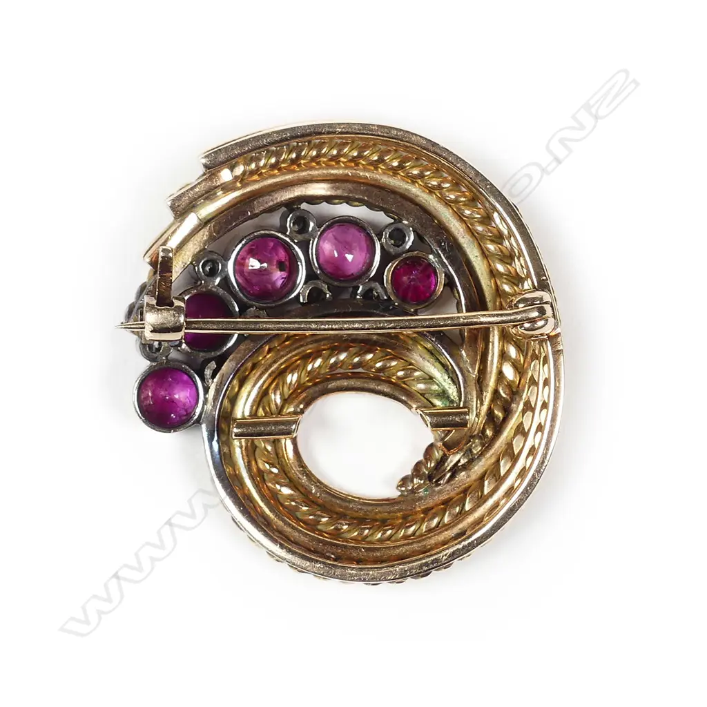 A c.1960 14ct rose gold ruby and diamond set brooch Image 1++