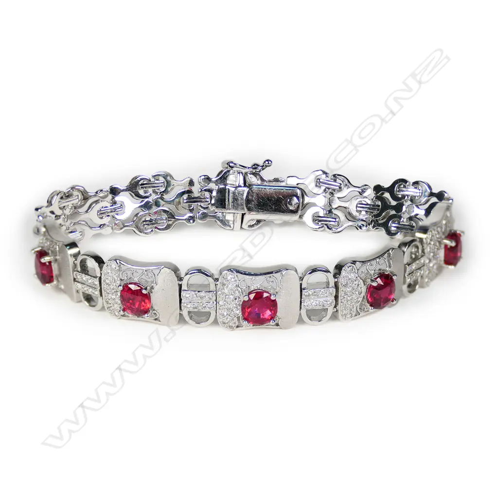 An 18ct white gold red spinel and diamond bracelet Image 1++