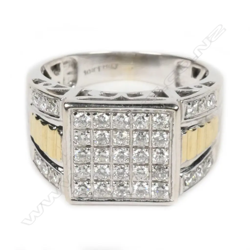 A large 10ct gold and multi diamond signet type ring Image 1++