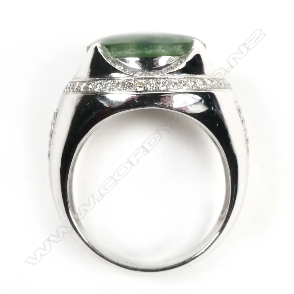 A large 18ct white gold jadeite and diamond ring Image 1++