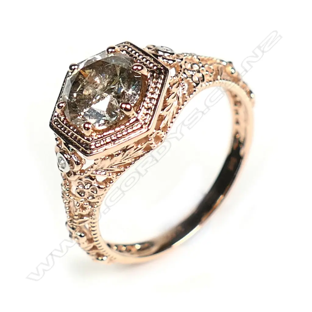 A 14ct rose gold and champagne diamond antique style ring Image 1++