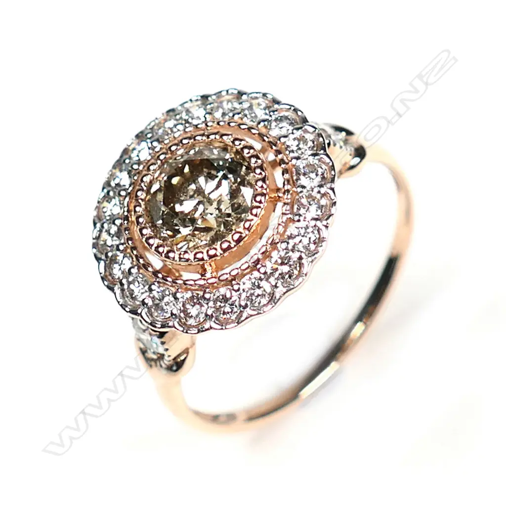 A 14ct rose gold and champagne diamond vintage style ring Image 1++
