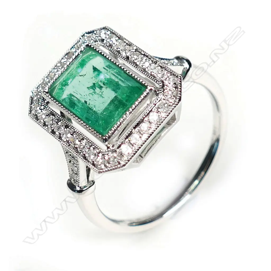 A 14ct white gold and emerald and diamond Art Deco style ring Image 1++