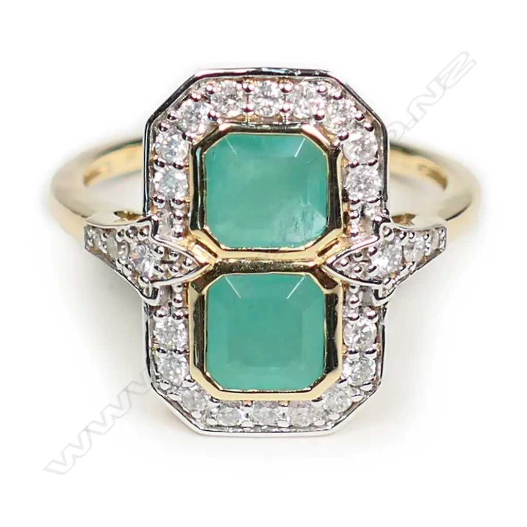 A 14ct yellow and white gold Colombian emerald and diamond Art Deco style ring Image 1++