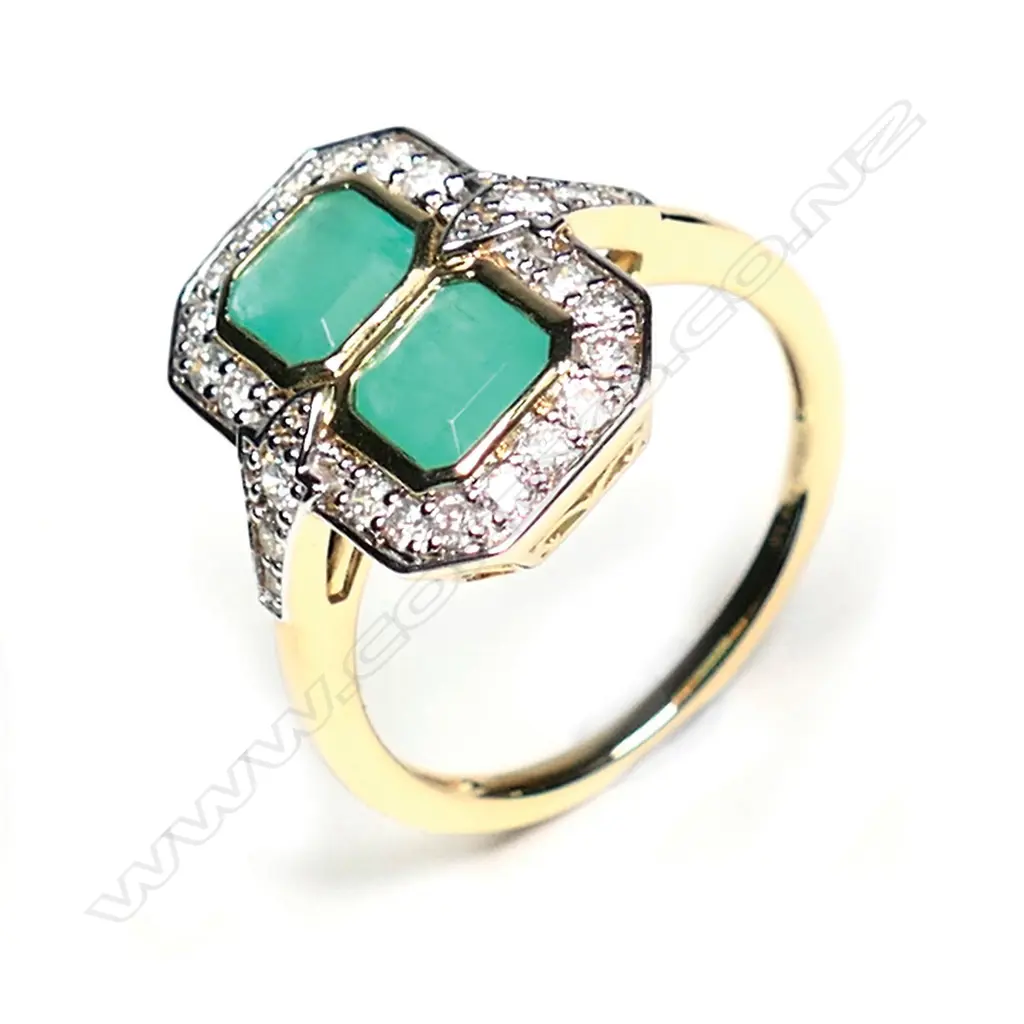 A 14ct yellow and white gold Colombian emerald and diamond Art Deco style ring Image 1++