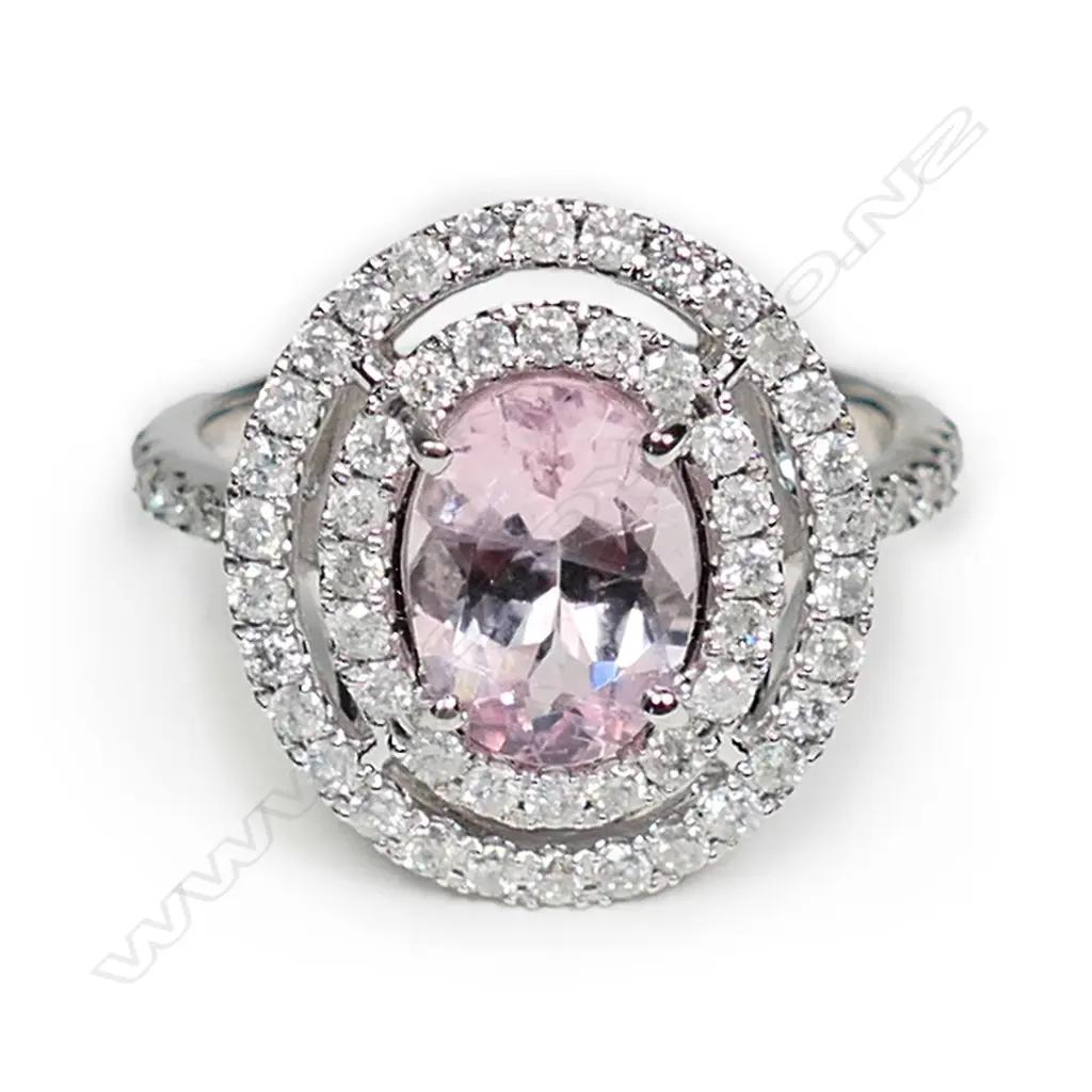 A 14ct white gold morganite and diamond double halo ring Image 1++