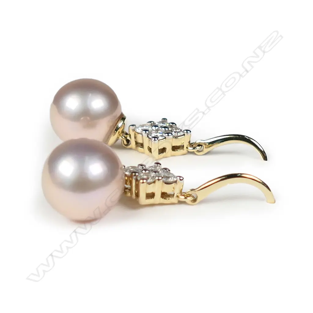 A pair of 14ct gold cultured pearl and diamond drop earrings Image 1++