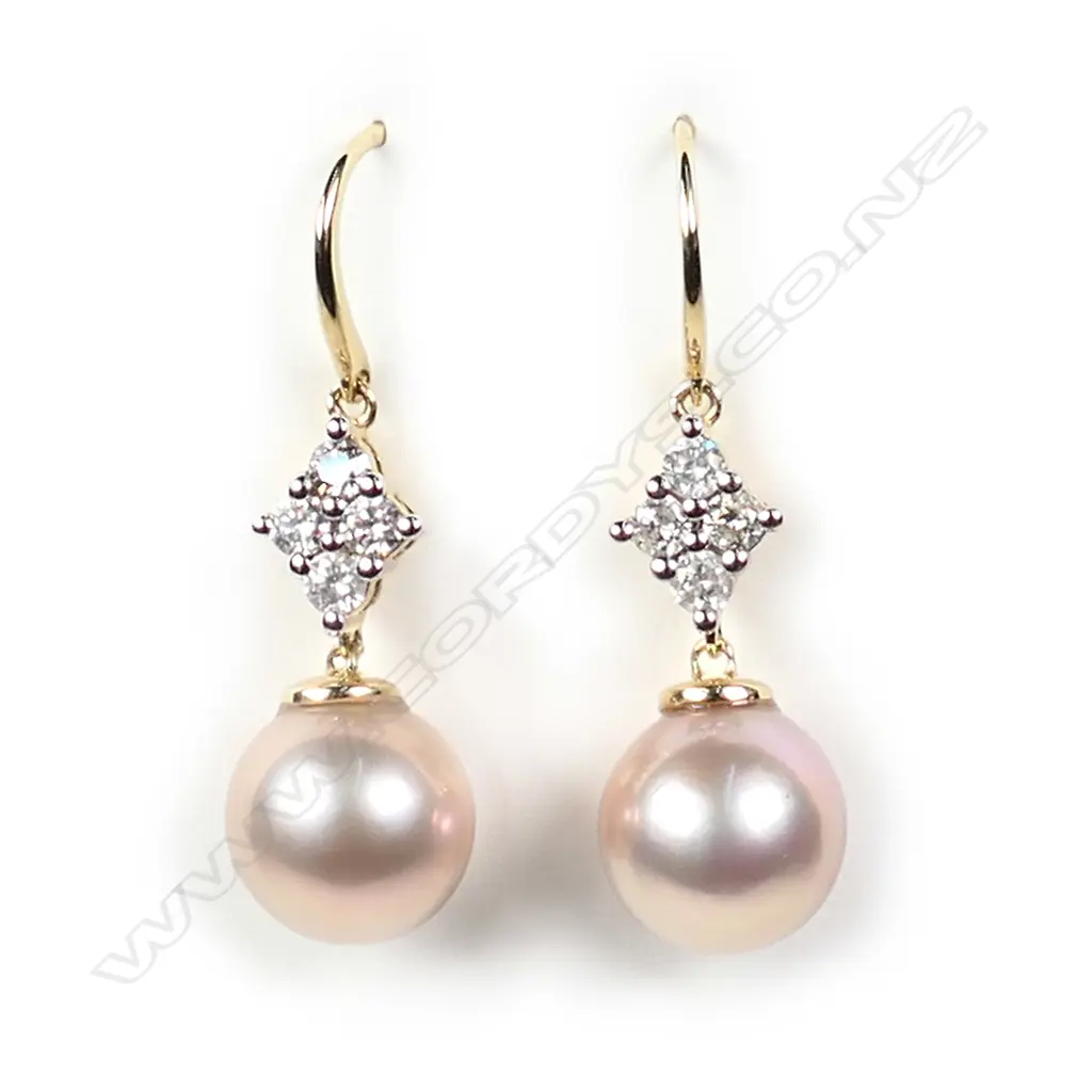 A pair of 14ct gold cultured pearl and diamond drop earrings Image 1++