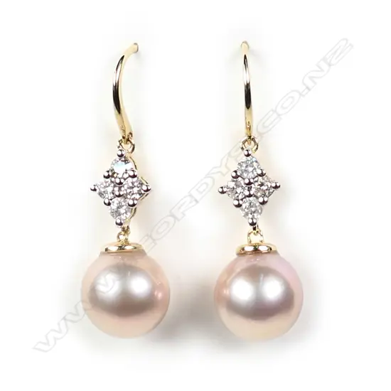 A pair of 14ct gold cultured pearl and diamond drop earrings