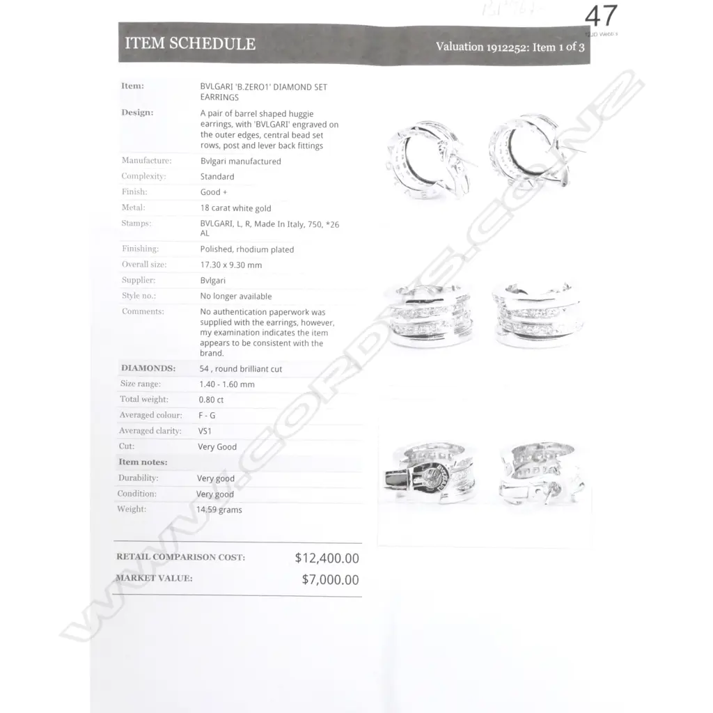 A pair of Bvlgari 18ct white gold and diamond earrings Image 1++